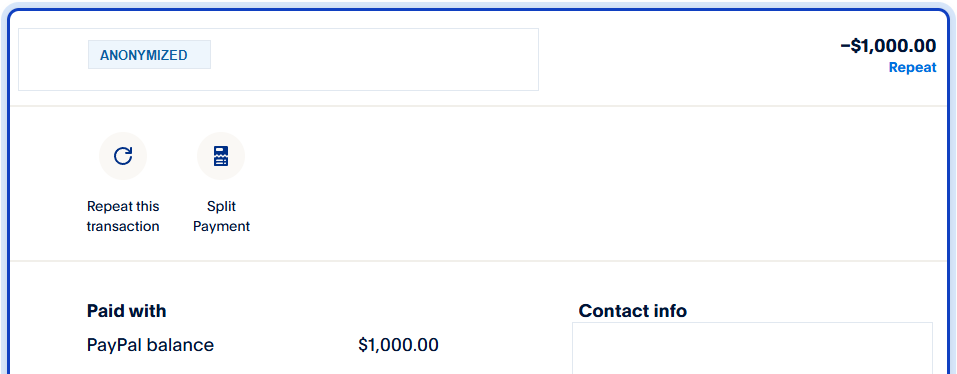 Anonymous payment proof showing a $1,000 sent payment with recipient details redacted.