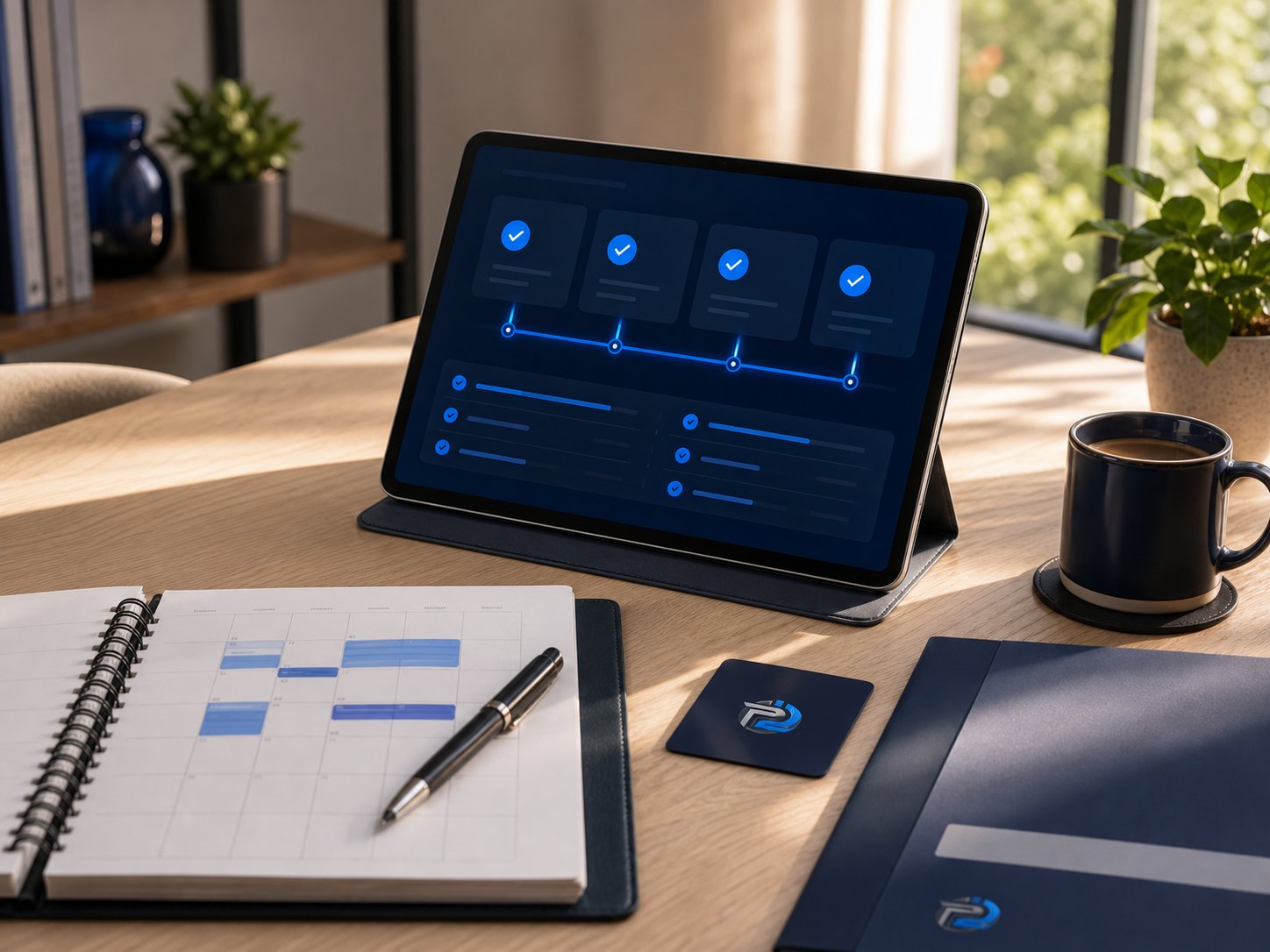 Organized progress workspace with project materials and a tablet